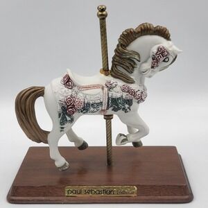 Paul Sebastian White Carousel Horse Figurine Roses Gold Mane 1989 Vintage 7.5"